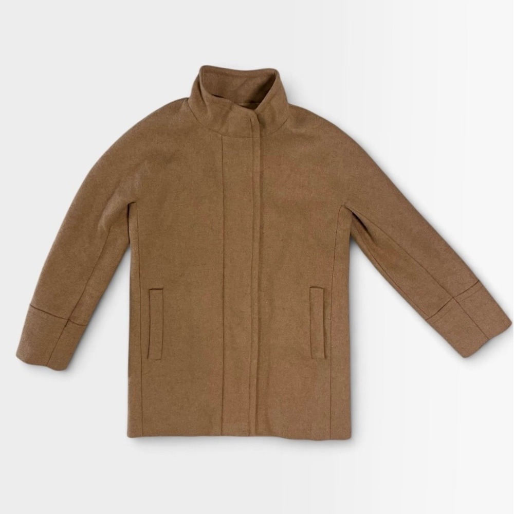 J.Crew Wool Blend Funnel Neck Coat Womens 8 Hidden Zip Camel Brown